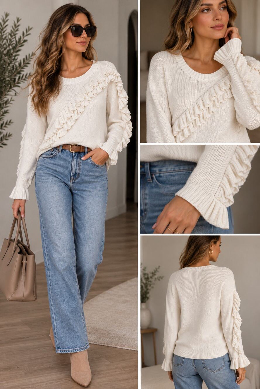 French Connection White Ruffle Sweater 100% Cotton Statement Knit Size Small